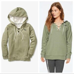 Victoria's Secret PINK Sherpa Lined Hoodie XS Safari Green Lace-up Oversized
